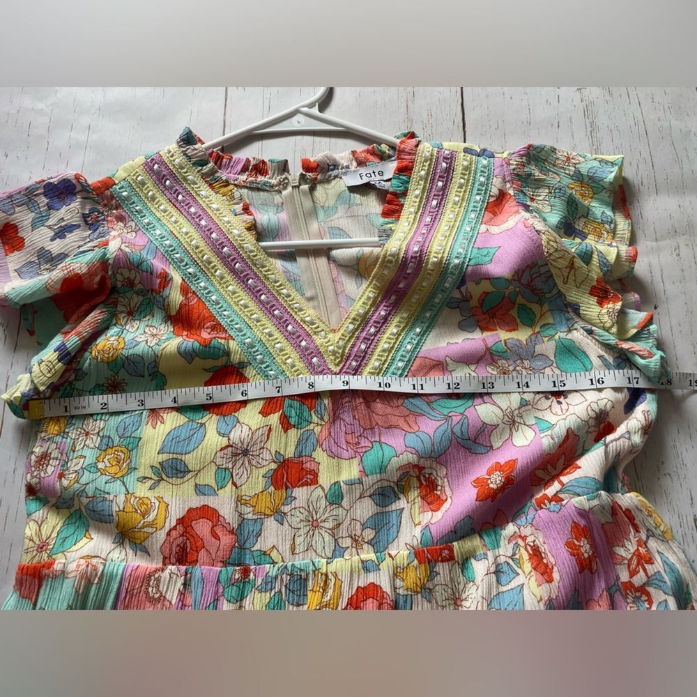 FATE Medium floral babydoll dress 100% Rayon lined lace green yellow purple - Picture 9 of 14